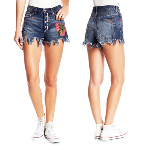 Free People Fields Sun Painted Denim Jean Shorts - Picture 2 of 9